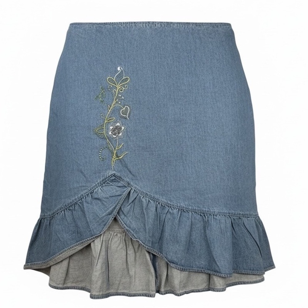 Sunshine Apparel Blue Denim Skirt Floral Embroidered Ruffle‎ Hem Plus 20W NEW